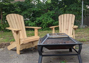 set of classic Adirondack chairs in backyard